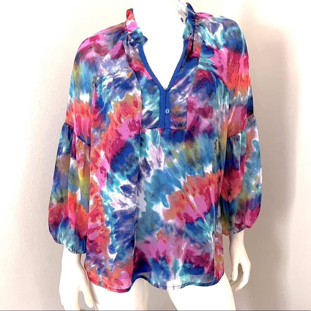 New CUPIO multi-colored lined blouse with sheer sleeves